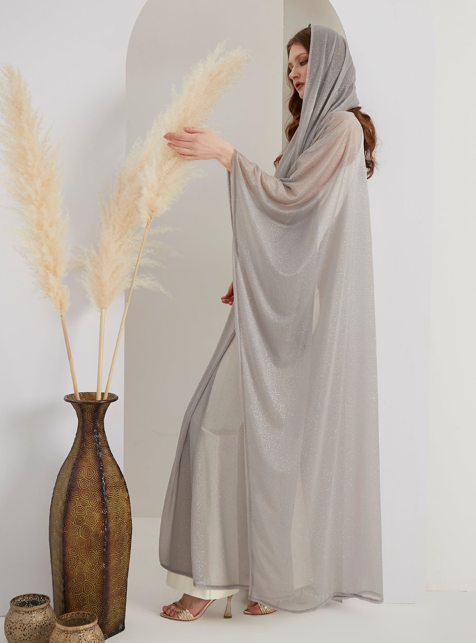 Grey Glitter Abaya With Scarf Set