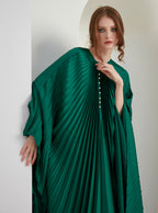 Emerald Green Plisse Caftan with Pearls Button