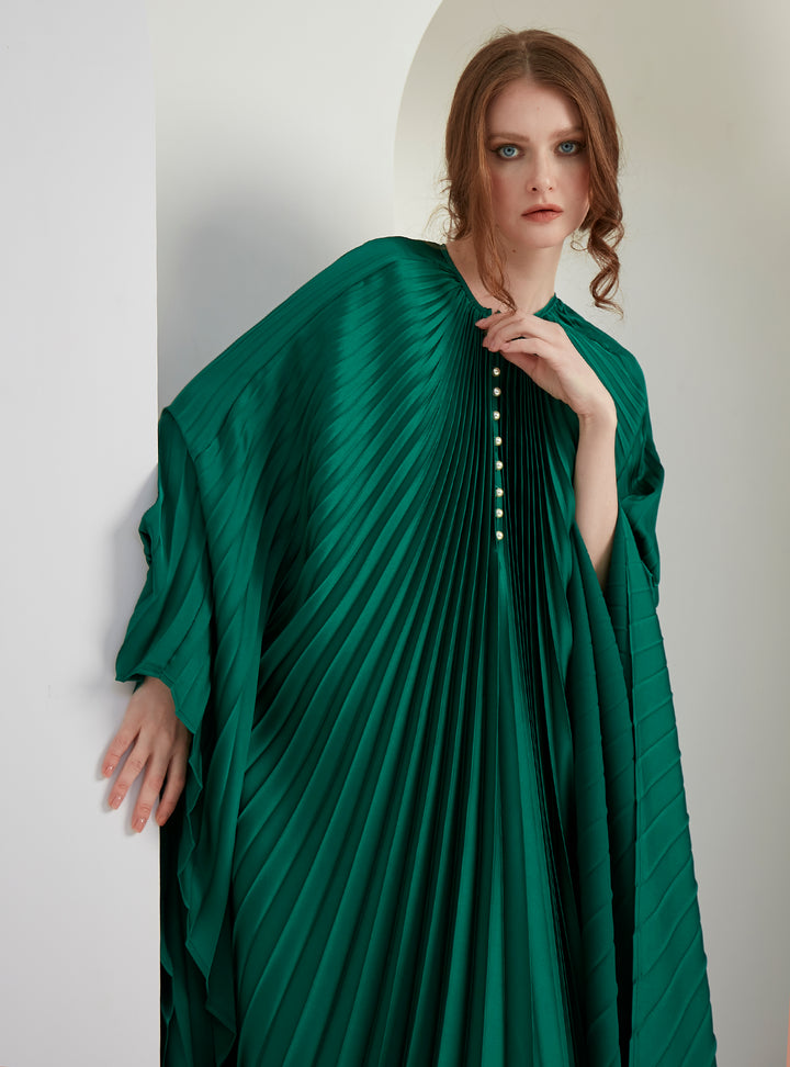 Emerald Green Plisse Caftan with Pearls Button
