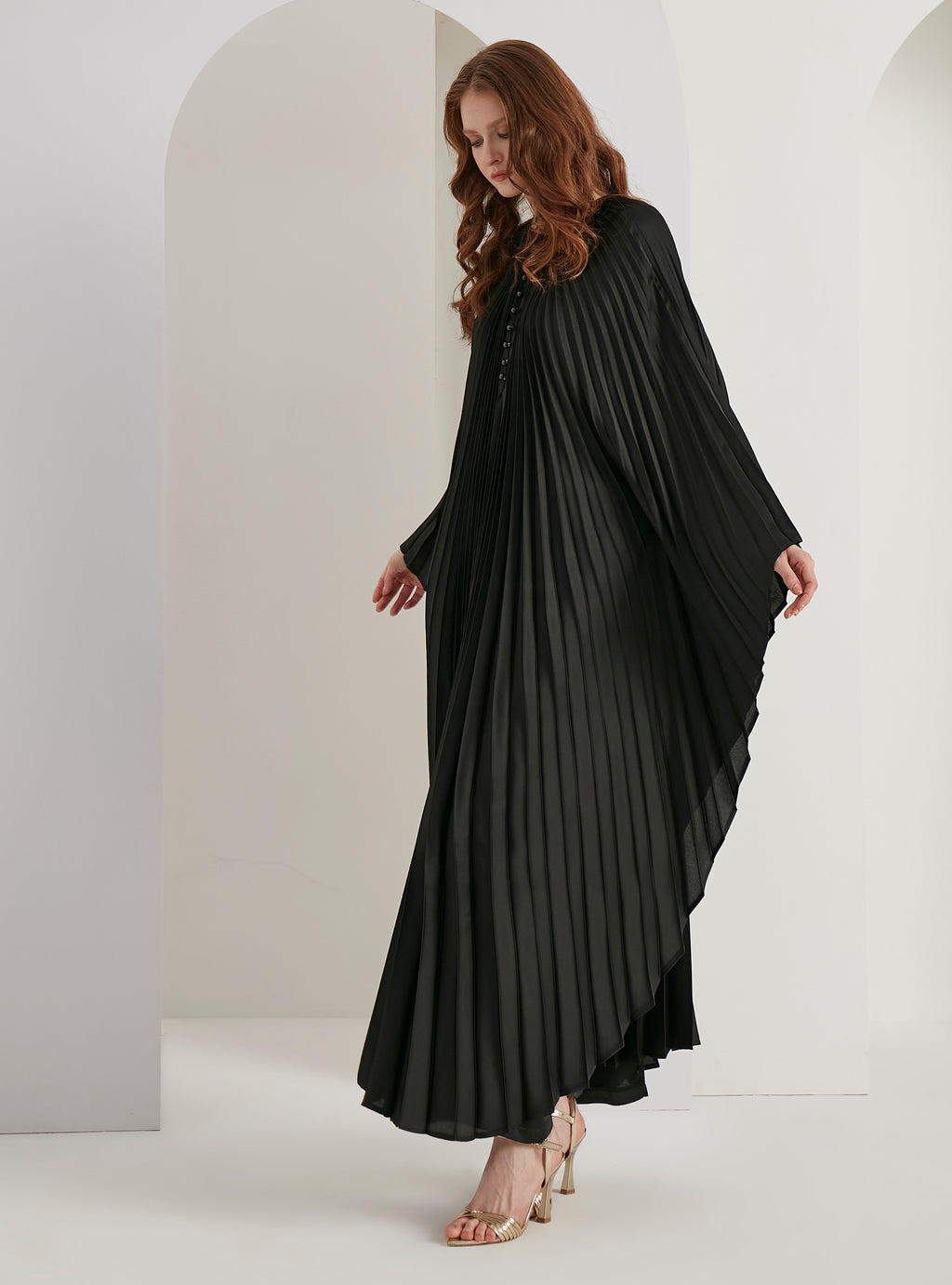 Black Plisse Caftan with Pearls Button