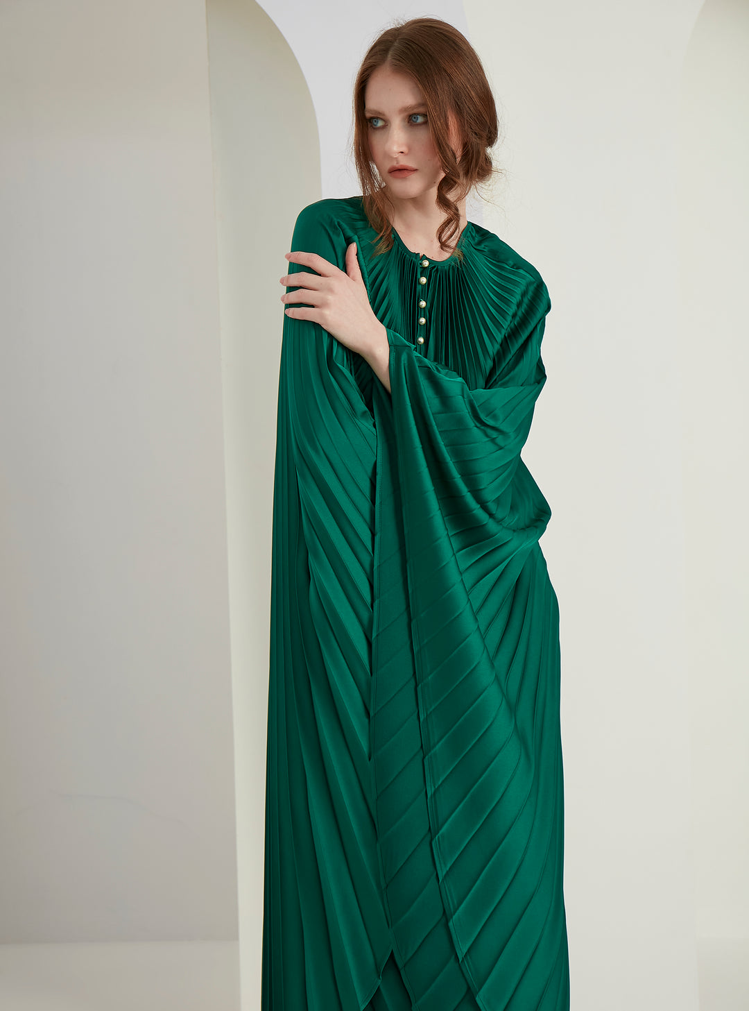 Emerald Green Plisse Caftan with Pearls Button