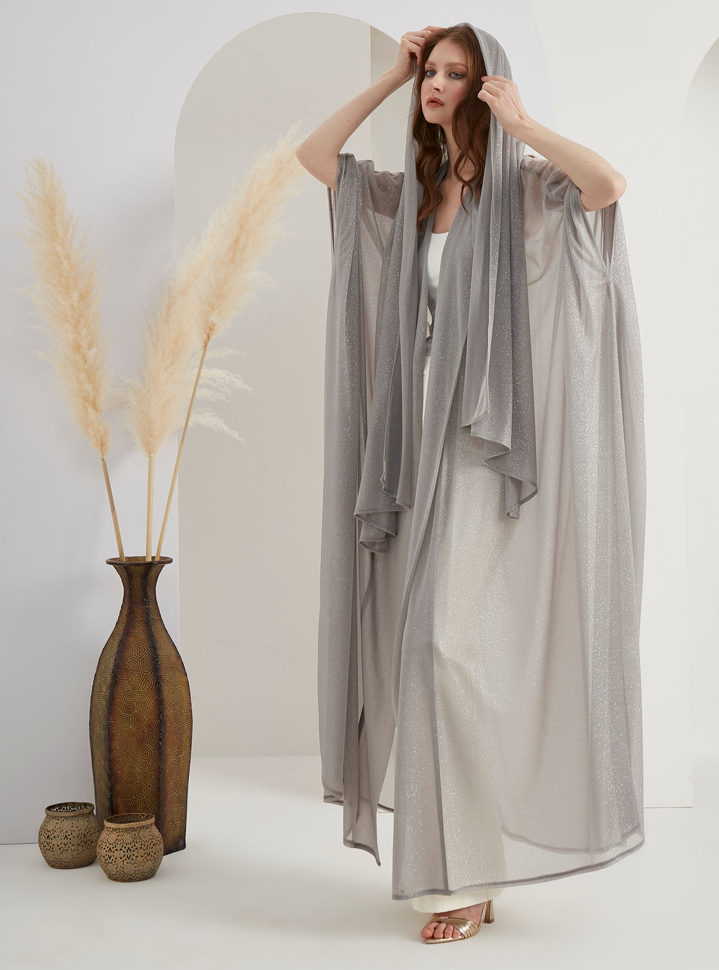 Grey Glitter Abaya With Scarf Set