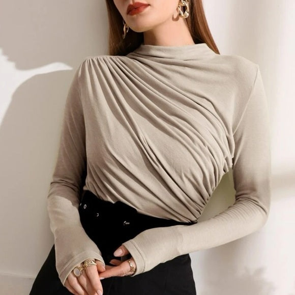 Beige Ruched Long Sleeve Top