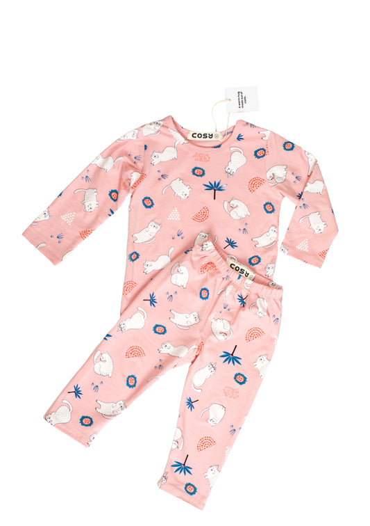 Be Cosy Girl's Pink PJ Set with Cat Print