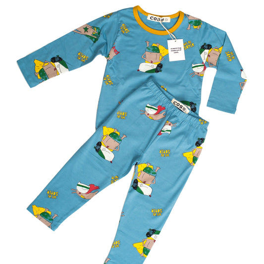 Be Cosy Kids Blue PJ Set with Cartoon Print