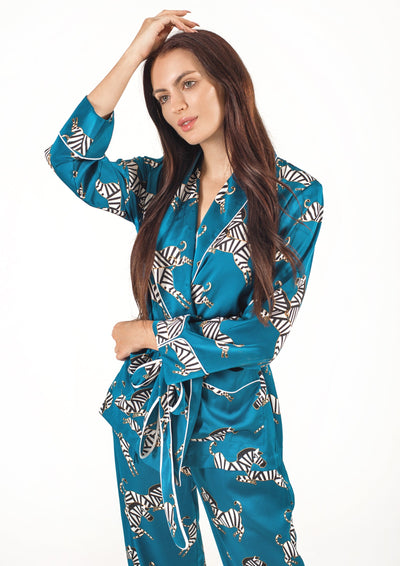 loungewear set in turquoise and zebra 