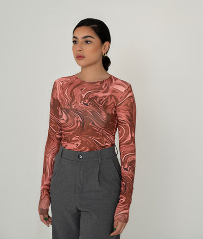 Red swirls long sleeved top