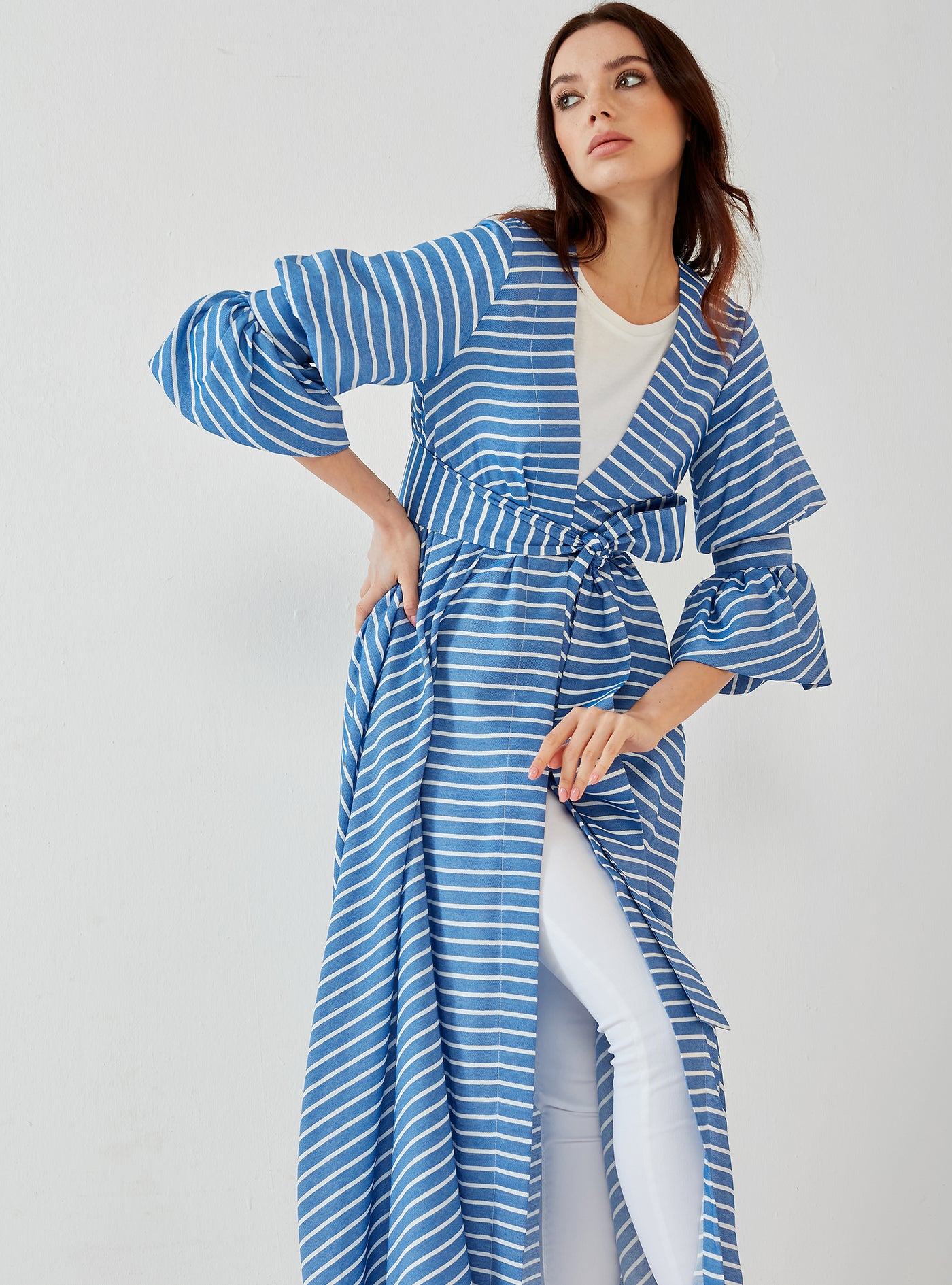 White Striped Blue Kimono with Cuffed Sleeve Detail