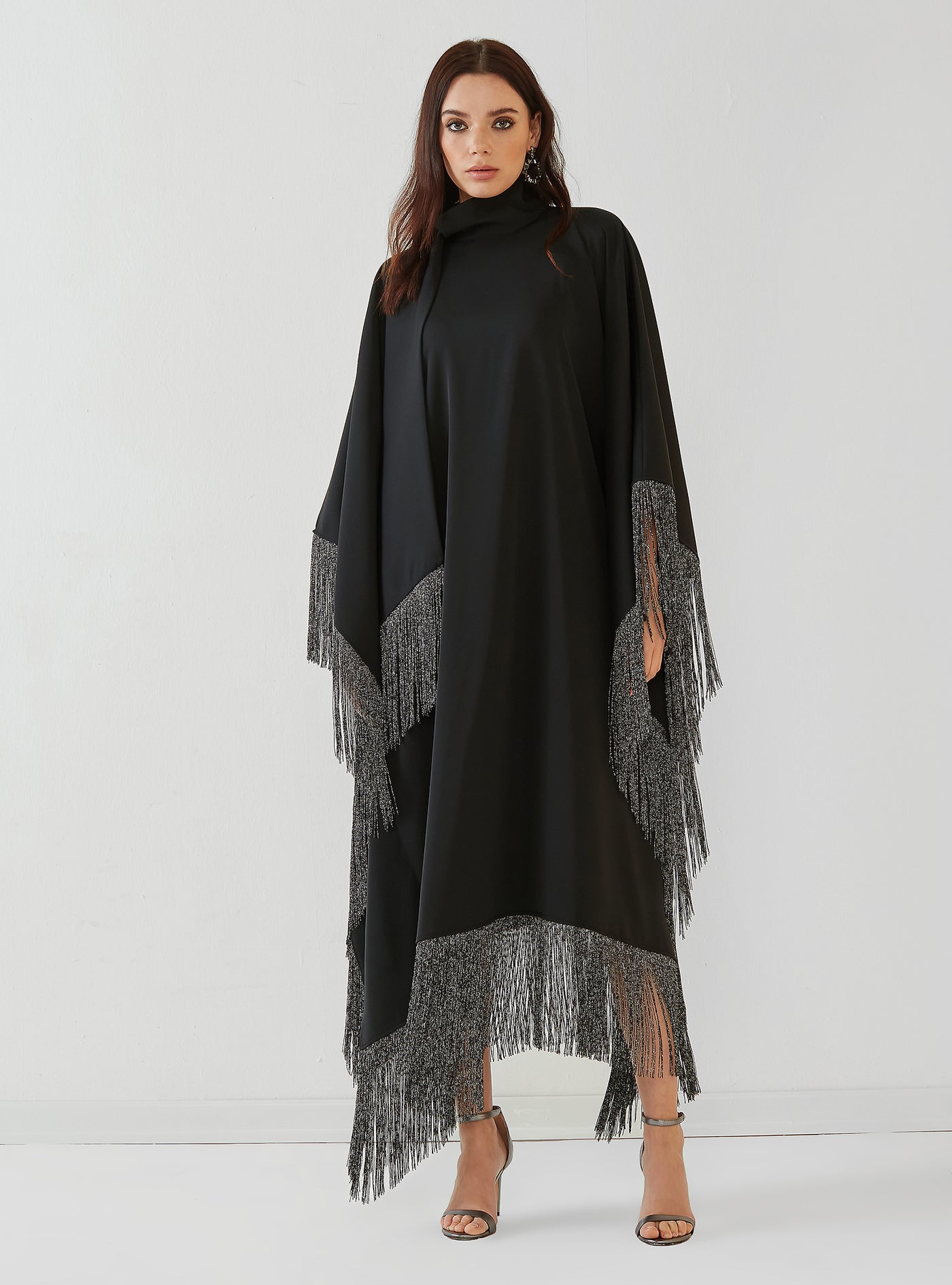silver Fringed Kaftan dress With Tie Neck Detailed3